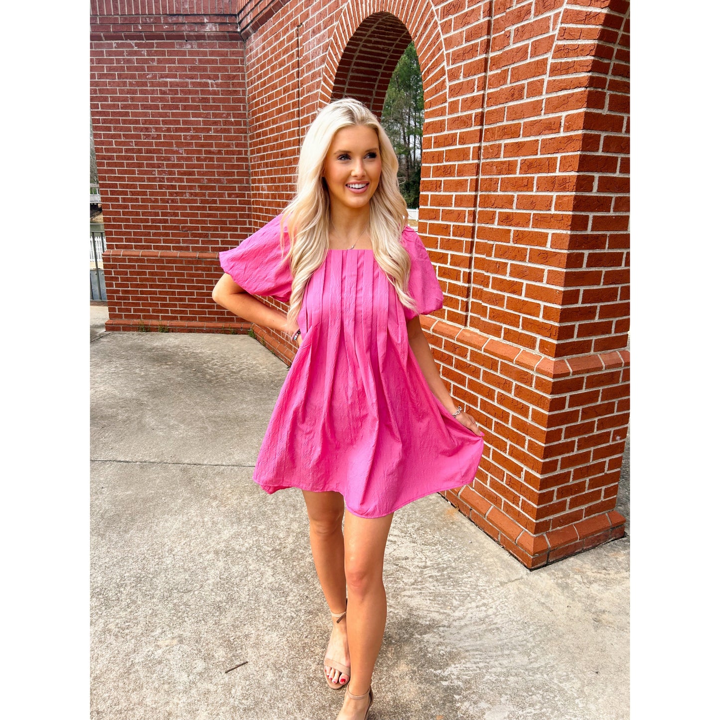 Puff Sleeve Mini Dress- Pink