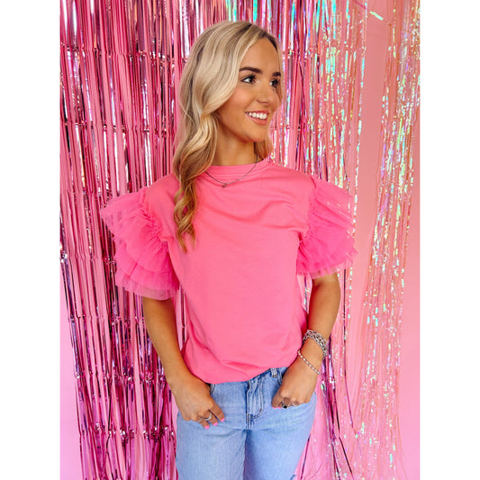 Pink Tulle Ruffle Top