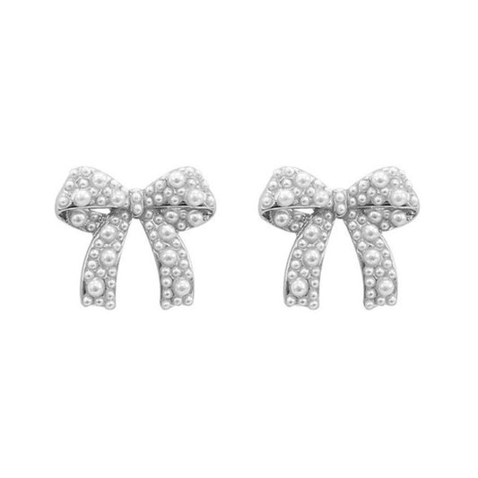 Pearl Bow Earrings-Silver