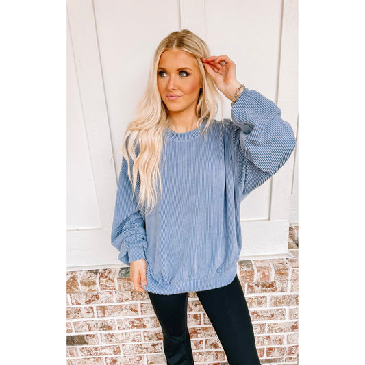 Denim Blue Textured Knit Comfy Sweater