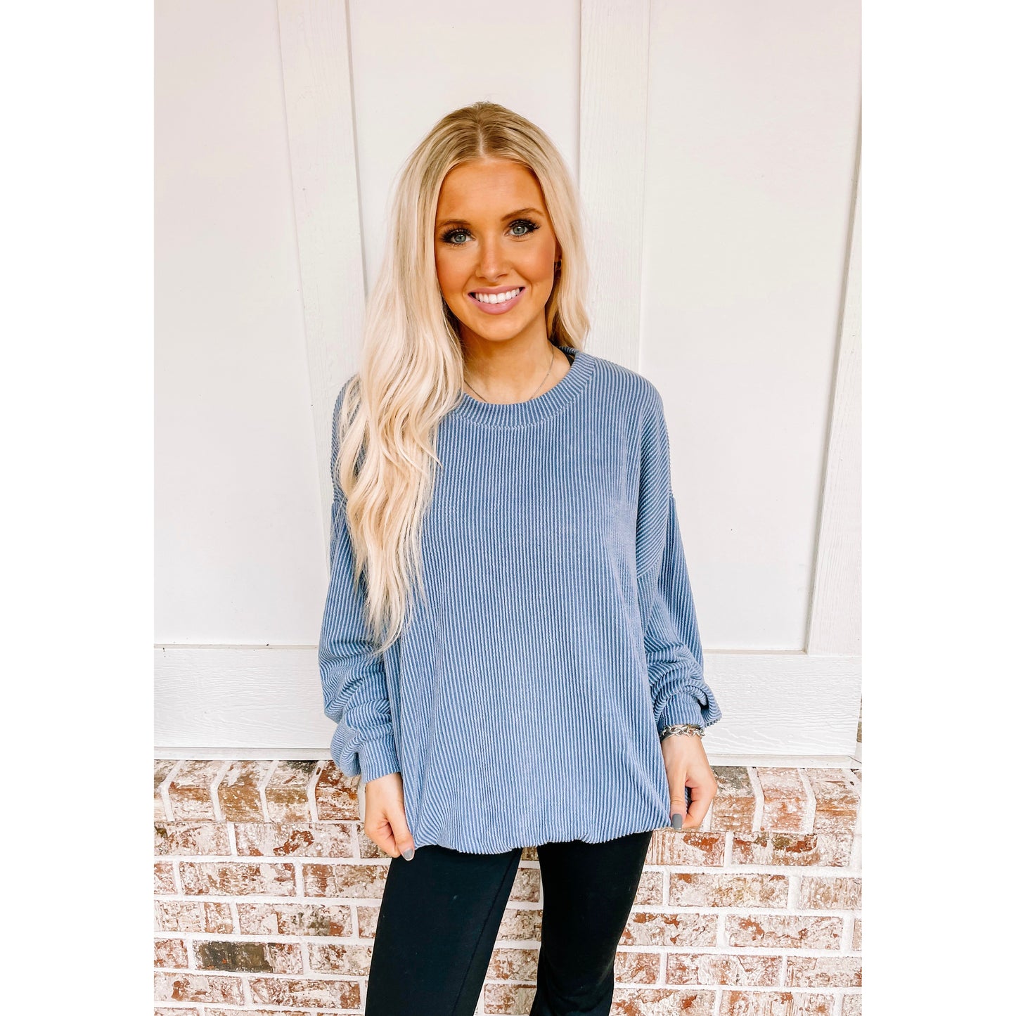 Denim Blue Textured Knit Comfy Sweater