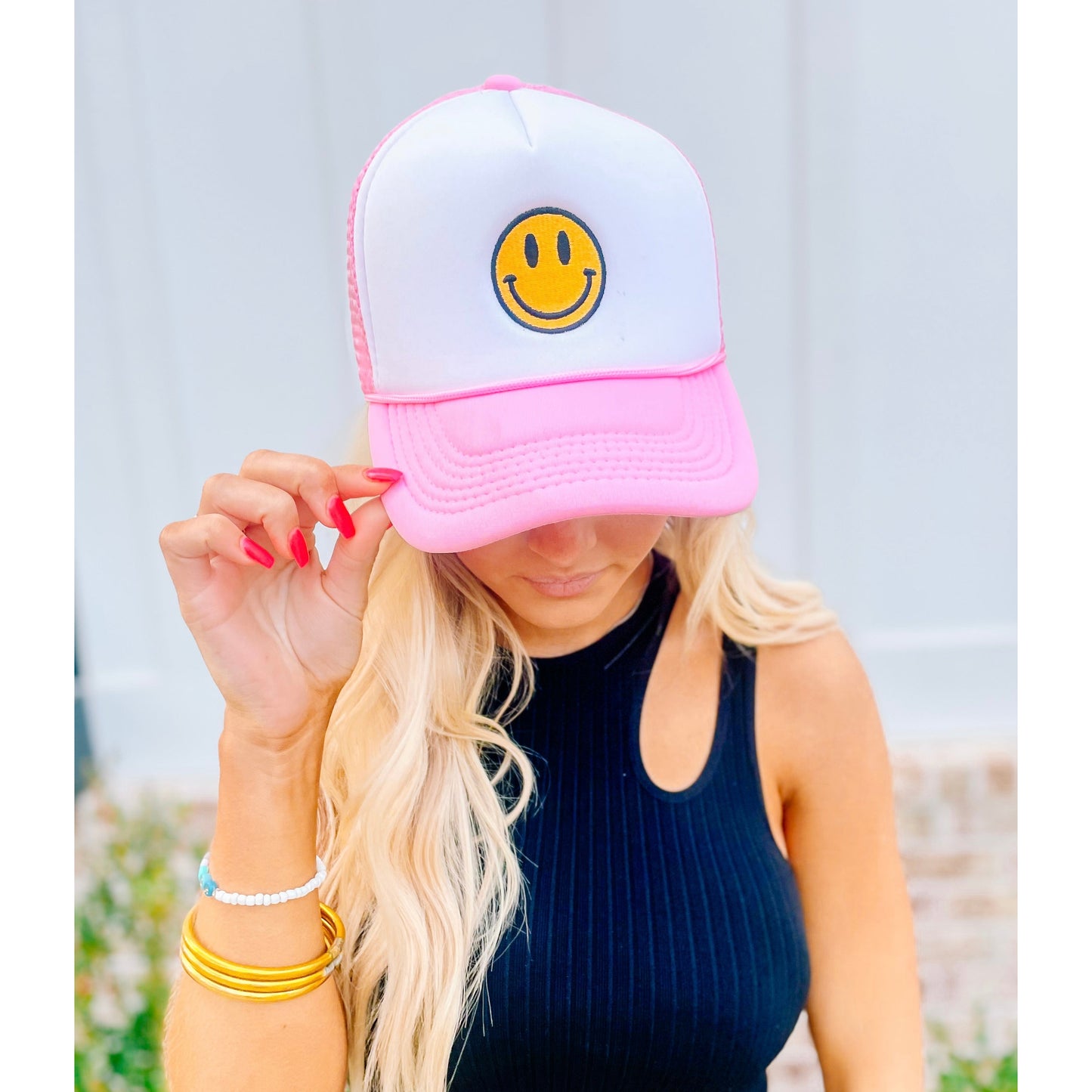 Smiley Face Trucker Hat-Pink