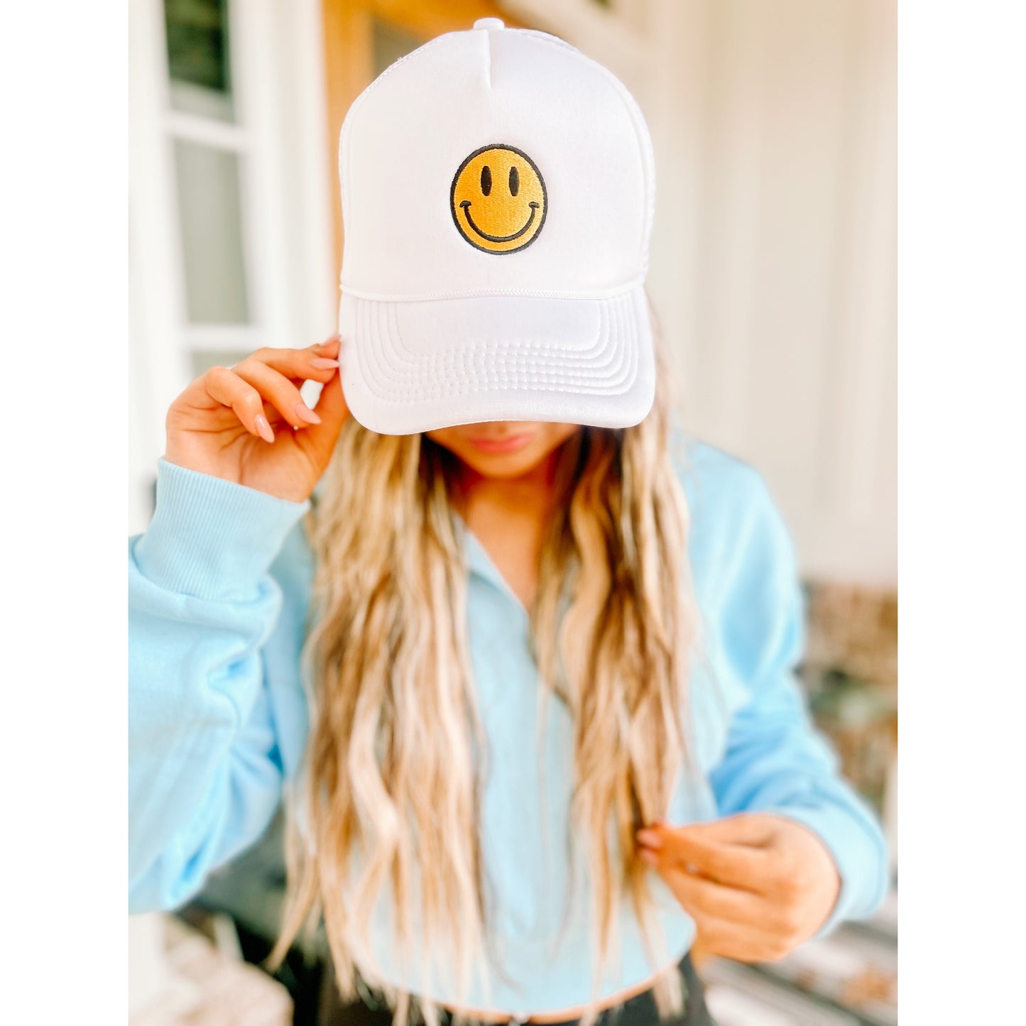 Smiley Face Trucker Hat- White