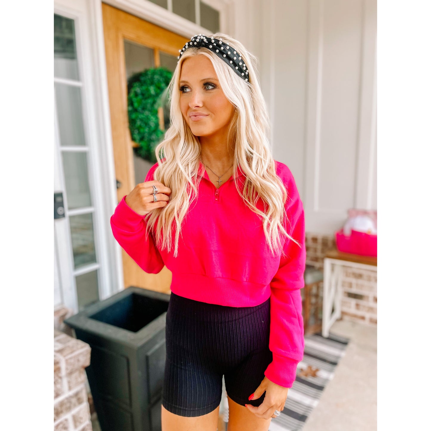 Cropped Quarter Zip Pullover-Pink