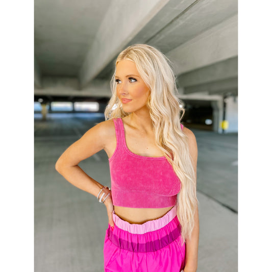 Washed Ribbed Cropped Tank- Magenta