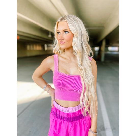 Ribbed Cropped Tank- Neon Hot Pink